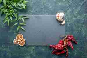 Photo gratuite vue de dessus plateau gris avec du poivre séché sur fond bleu foncé couleur photo cuisinier bleu cuisine fruits de mer bureau