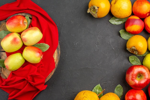 Vue de dessus des pommes fraîches avec d'autres fruits sur l'arbre de la table sombre frais mûrs moelleux