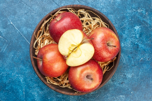 Photo gratuite vue de dessus des pommes rouges fraîches à l'intérieur de la plaque sur une table bleue