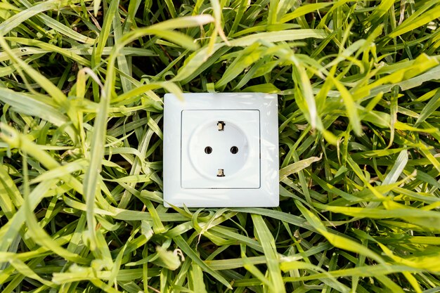 Vue de dessus de la prise électrique sur l'herbe verte