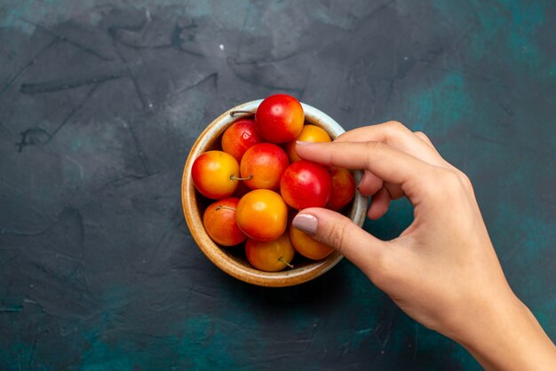 Vue de dessus des prunes de cerises fraîches fruits aigres et moelleux à l'intérieur de petit pot sur le bureau bleu foncé fruits doux frais vitamine