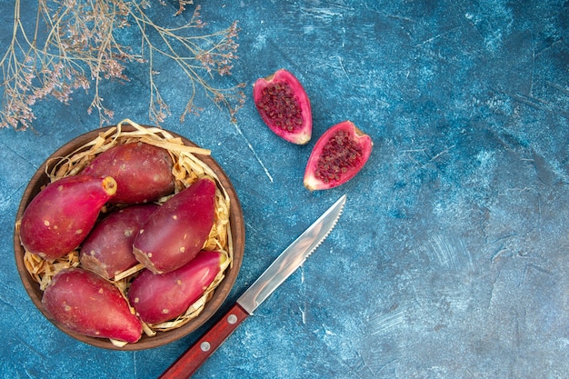 Photo gratuite vue de dessus des prunes fraîches mûres à l'intérieur de la plaque sur une table bleue