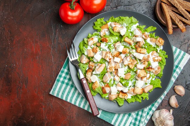 Vue de dessus salade césar sur assiette ovale nappe à carreaux blanc vert tomates à l'ail sur fond rouge foncé