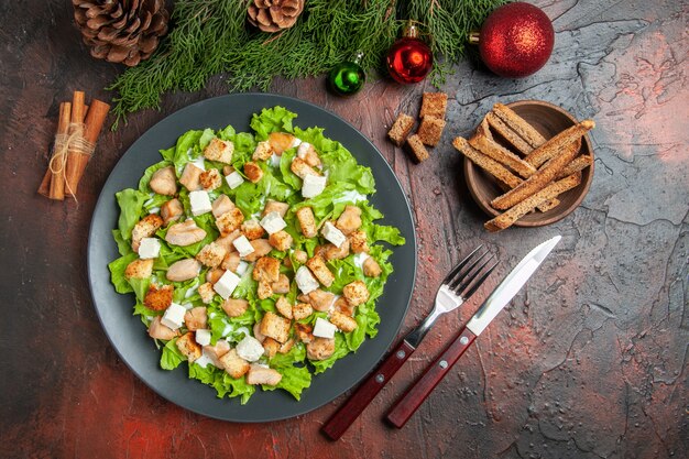 Vue de dessus de la salade césar sur un bol de couteau à fourchette à assiette ovale avec des bâtons de cannelle à croûte séchée sur fond rouge foncé