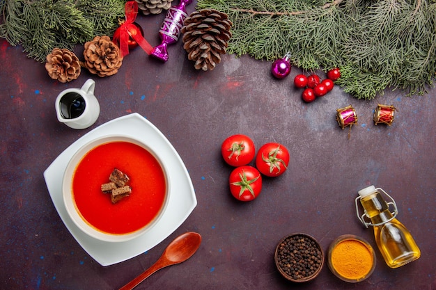 Vue de dessus de la soupe aux tomates avec des tomates fraîches et des assaisonnements sur fond noir