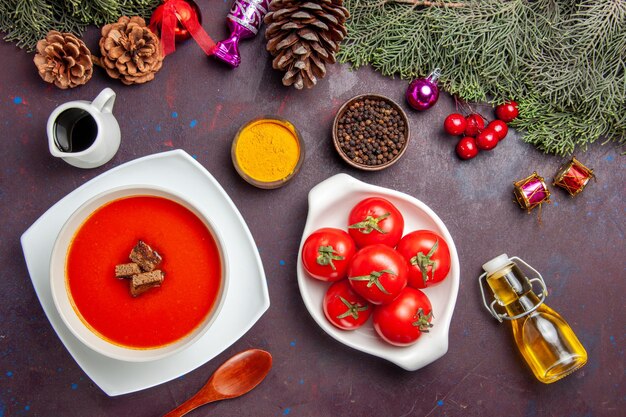 Vue de dessus de la soupe aux tomates avec des tomates fraîches et des assaisonnements sur fond noir