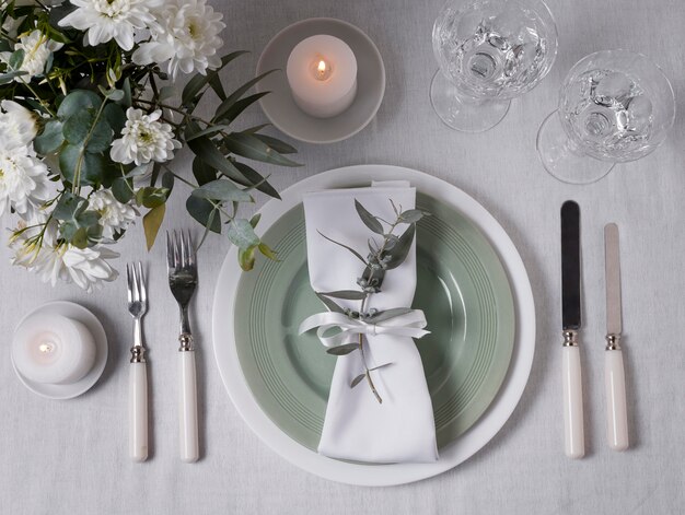 Vue de dessus de la table de mariage floral