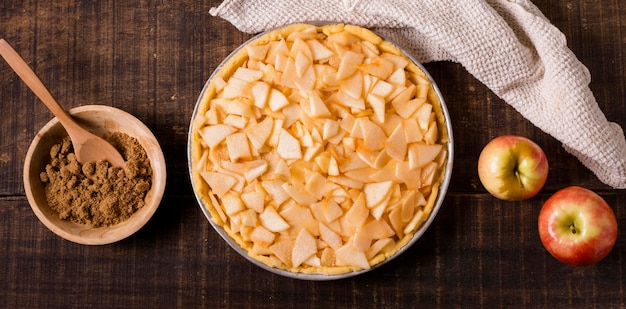 Photo gratuite vue de dessus de la tarte aux pommes non cuite à la cannelle