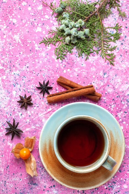 Vue de dessus tasse de thé à la cannelle sur un bureau rose.