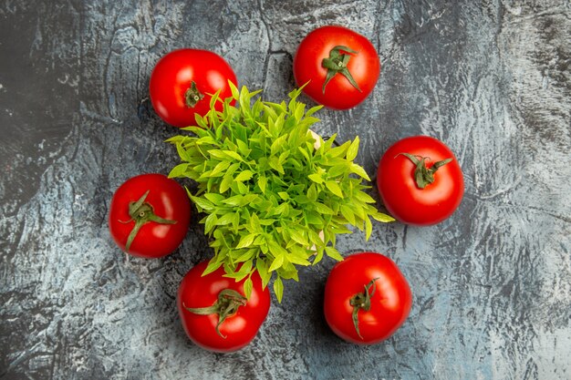 Vue de dessus tomates fraîches avec plante verte