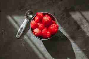 Photo gratuite vue de dessus tomates pelées dans un bol sur table texturée. espace horizontal pour le texte