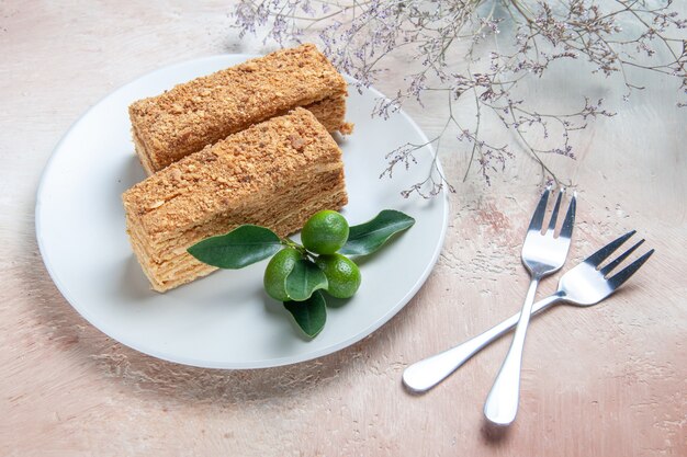 Vue de dessus des tranches de gâteau délicieux gâteau au miel à la lumière