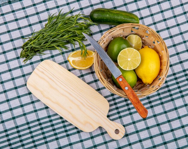 Vue de dessus des verts d'estragon frais avec un seau de citrons avec couteau sur nappe à carreaux