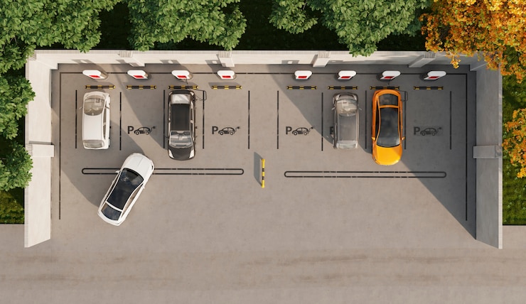 Photo gratuit vue de dessus des voitures électriques dans le parking