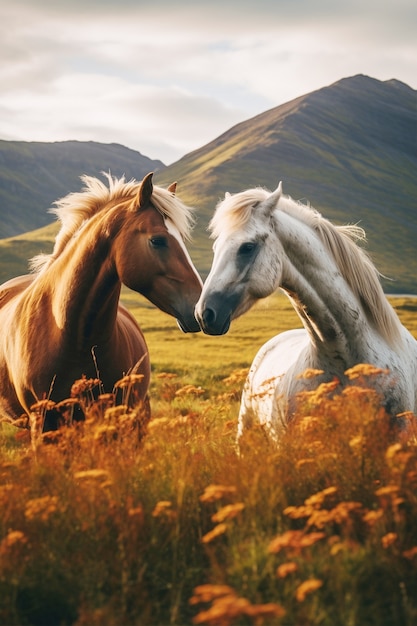 Vue de deux chevaux dans la nature