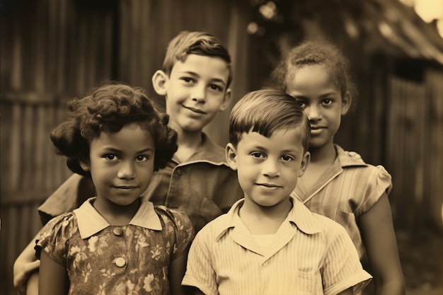 Vue de devant de beaux enfants posant un portrait vintage