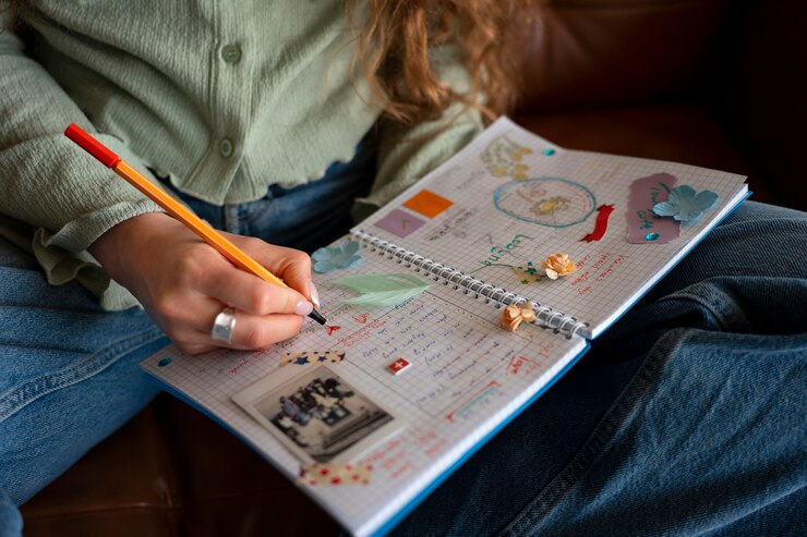 Photo gratuit vue de devant femme faisant un journal créatif