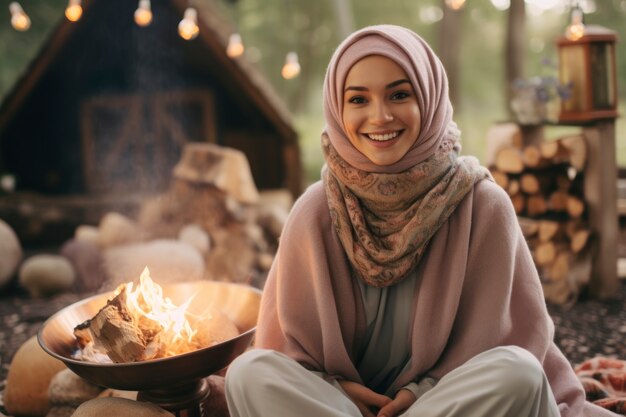 Vue de devant femme islamique près du feu