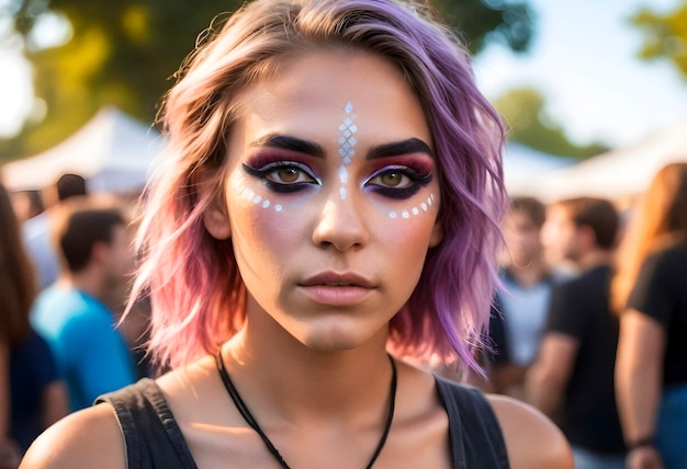 Vue de devant femme avec look de festival et maquillage