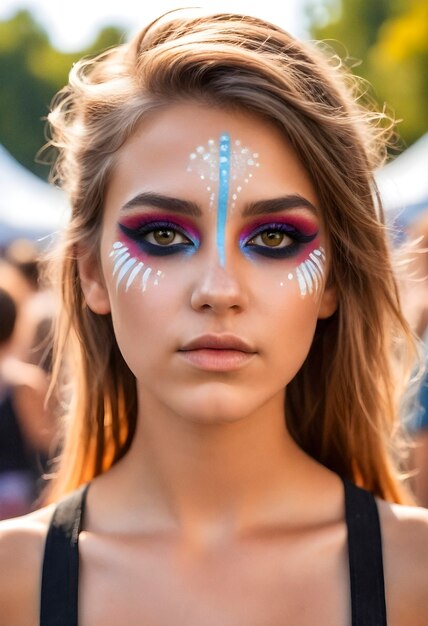 Vue de devant femme avec look de festival et maquillage