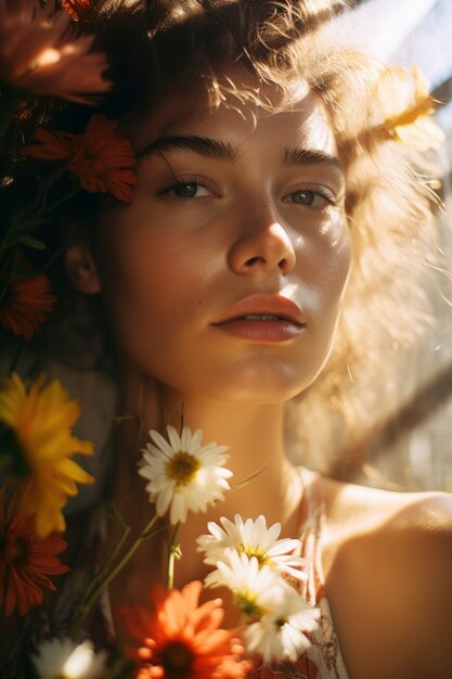 Vue de devant femme posant avec des fleurs