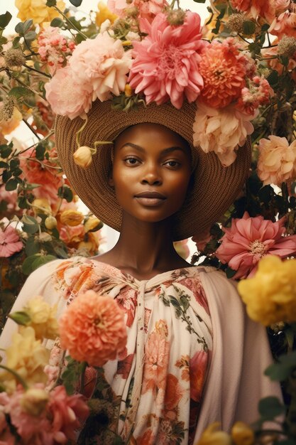 Vue de devant femme posant avec des fleurs