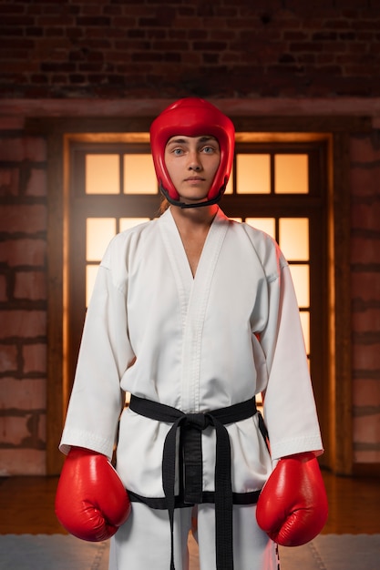 Photo gratuite vue de devant un garçon asiatique pratiquant le taekwondo