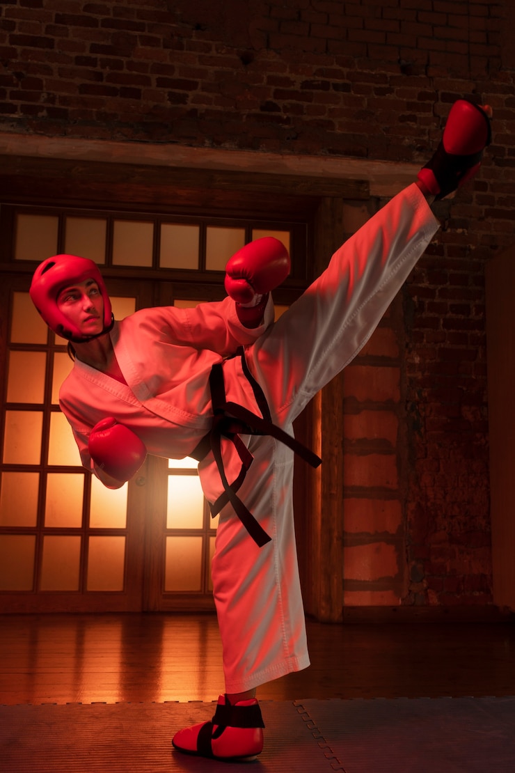 Photo gratuit vue de devant un garçon asiatique pratiquant le taekwondo