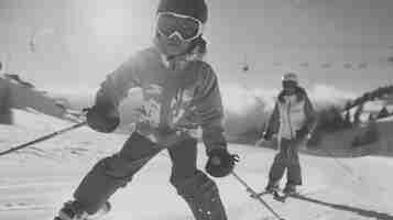 Photo gratuite vue de devant des gens en train de skier monochrome