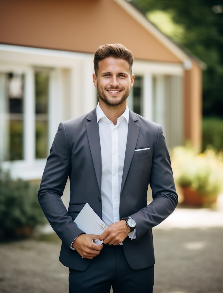 Photo gratuit vue de devant homme travaillant comme agent immobilier