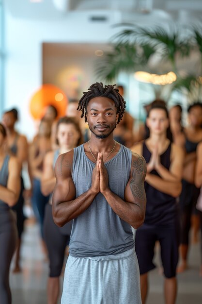 Photo gratuite vue de devant des hommes noirs pratiquant le yoga