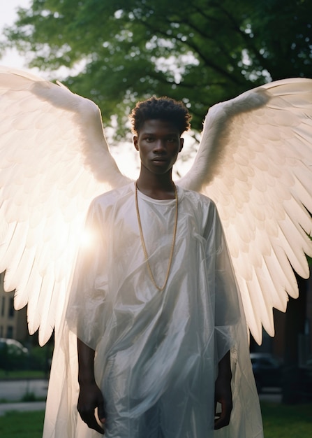 Photo gratuite vue de devant jeune homme avec des ailes