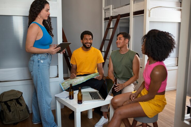 Photo gratuit vue de devant des jeunes dans une auberge