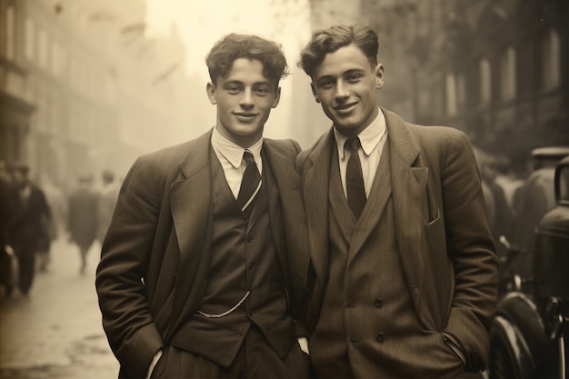 Vue de devant de jeunes hommes posant pour un portrait vintage