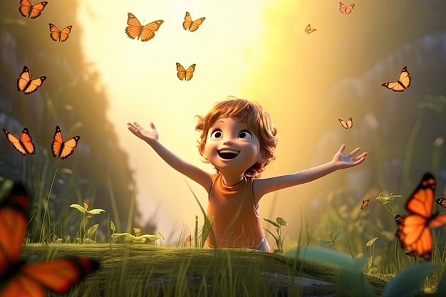 Vue de devant petite fille regardant les papillons