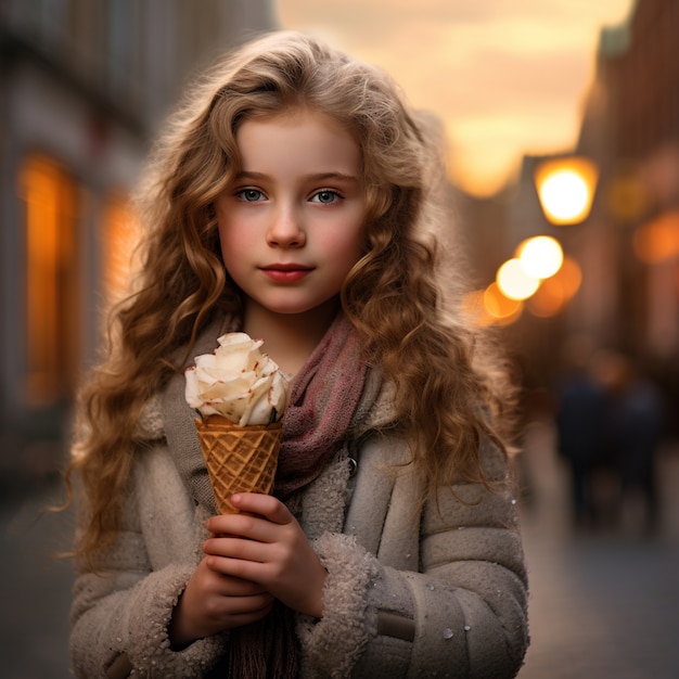 Vue de devant petite fille tenant une délicieuse crème glacée