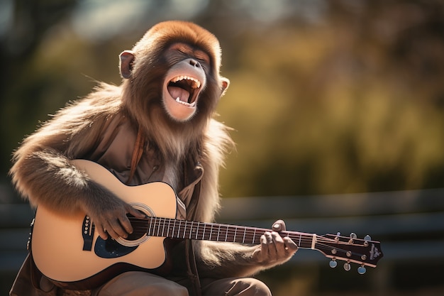 Photo gratuite vue d'un drôle de singe jouant de la guitare