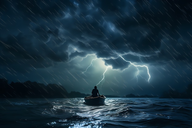 Vue du bateau sur l'eau par mauvais temps