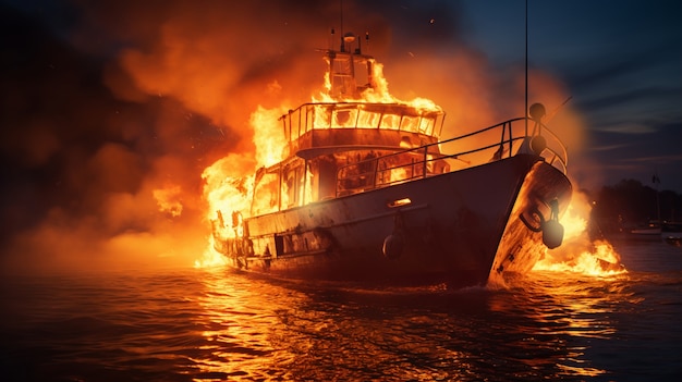 Vue du bateau en flammes