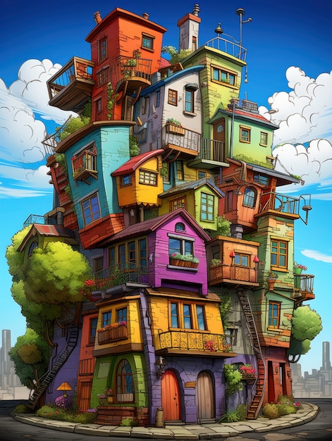 Vue du bâtiment avec une architecture de style dessin animé