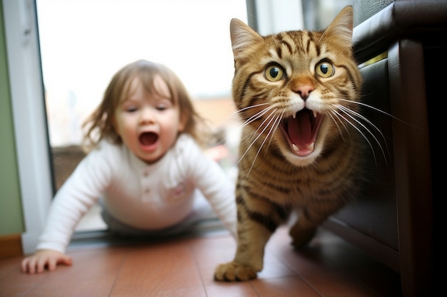 Photo gratuite vue du bébé drôle et du chat