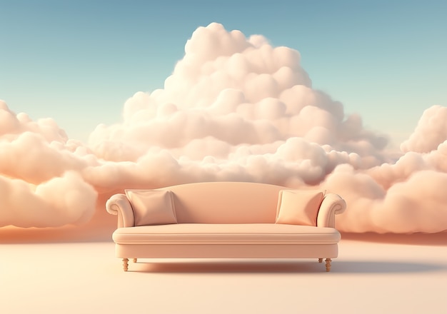 Photo gratuite vue du canapé 3d avec des nuages