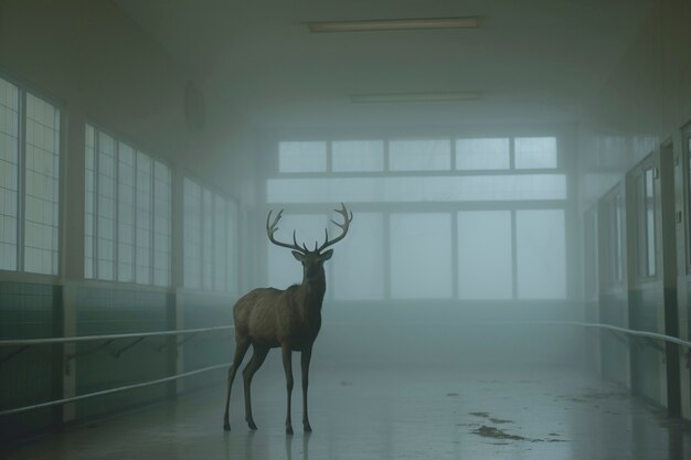 Vue du cerf sauvage avec le paysage urbain