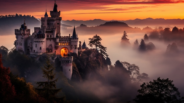 Vue du château avec brouillard et paysage naturel