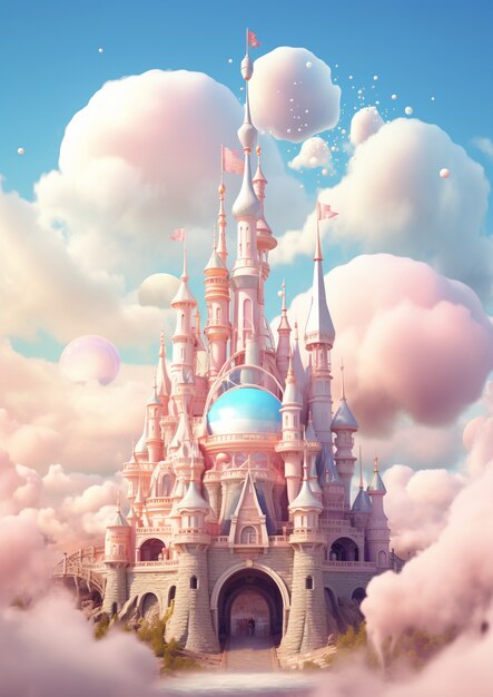 Photo gratuite vue du château de conte de fées avec des nuages roses