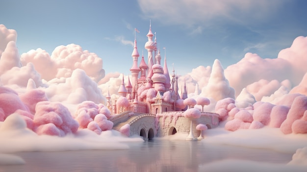 Vue du château de conte de fées avec des nuages roses