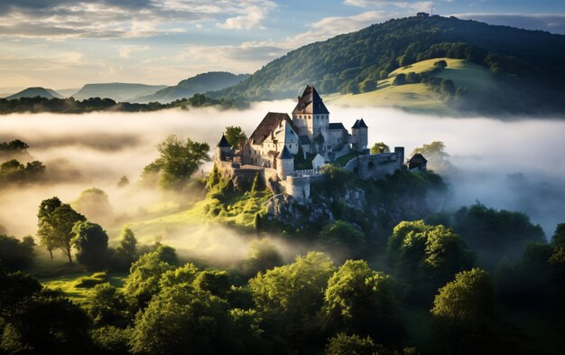 Vue du château entouré d'un paysage naturel