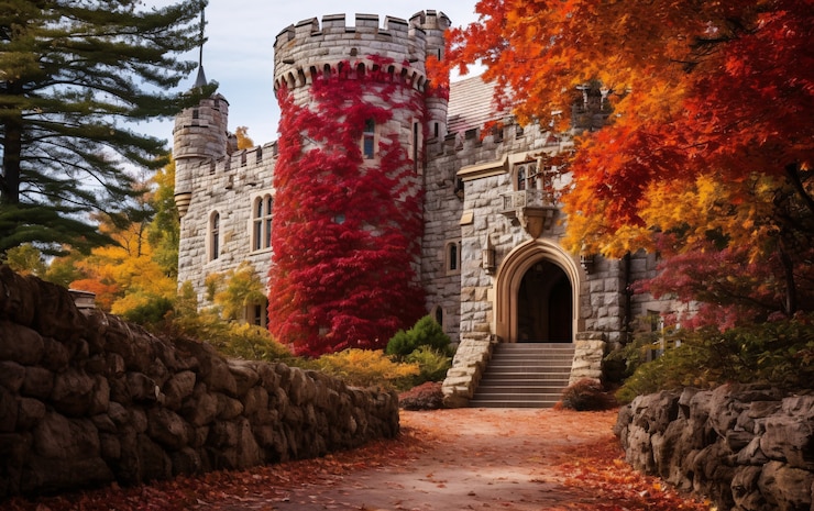 Photo gratuit vue du château entouré d'un paysage naturel