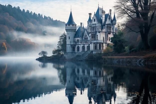 Vue du château avec le lac et le paysage naturel