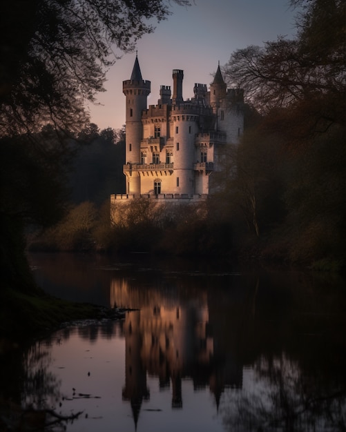 Vue du château avec le lac et le paysage naturel